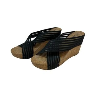 Lucky Brand Black Striped Miller2 Cork Platform Wedges Shoes Size 9.5